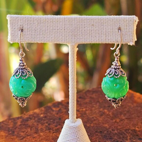Handmade Jewelry - Chrysoprase Carved Sterling Silver Filigree Earrings